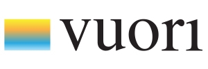 Vuori brand logo: A stylized emblem featuring the word 'Vuori' in bold, uppercase letters. The letters have a modern and sleek design, with a subtle gradient effect that transitions from deep blue to a lighter shade. The 'V' in 'Vuori' extends into a short, horizontal line with two small triangles on either side, giving a sense of movement and dynamism. The overall aesthetic is clean, contemporary, and reflective of an active lifestyle.