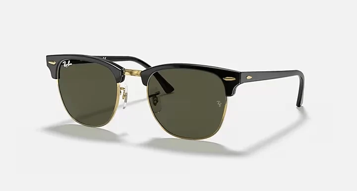 Ray-Ban Clubmaster sunglasses featuring classic black acetate and gold metal frames with green G-15 lenses, a stylish accessory for sunny Florida outings.