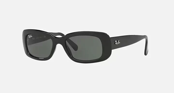 Ray-Ban rectangular acetate sunglasses in black frames with green G-15 lenses, providing classic protection for long beach strolls.