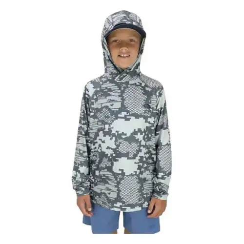 AFTCO children’s hooded fishing shirt, providing UV protection for young anglers on the water in Destin.