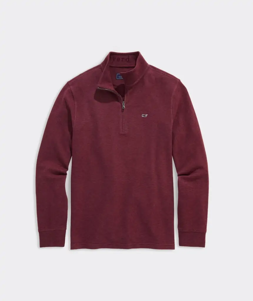 Burgundy Vineyard Vines quarter-zip pullover, ideal for layering on cooler evenings in Destin.