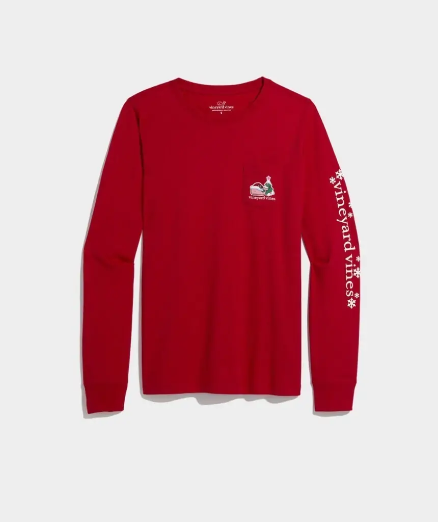 Red Vineyard Vines long-sleeve graphic t-shirt with logo, ideal for layering on cool days in 30A.