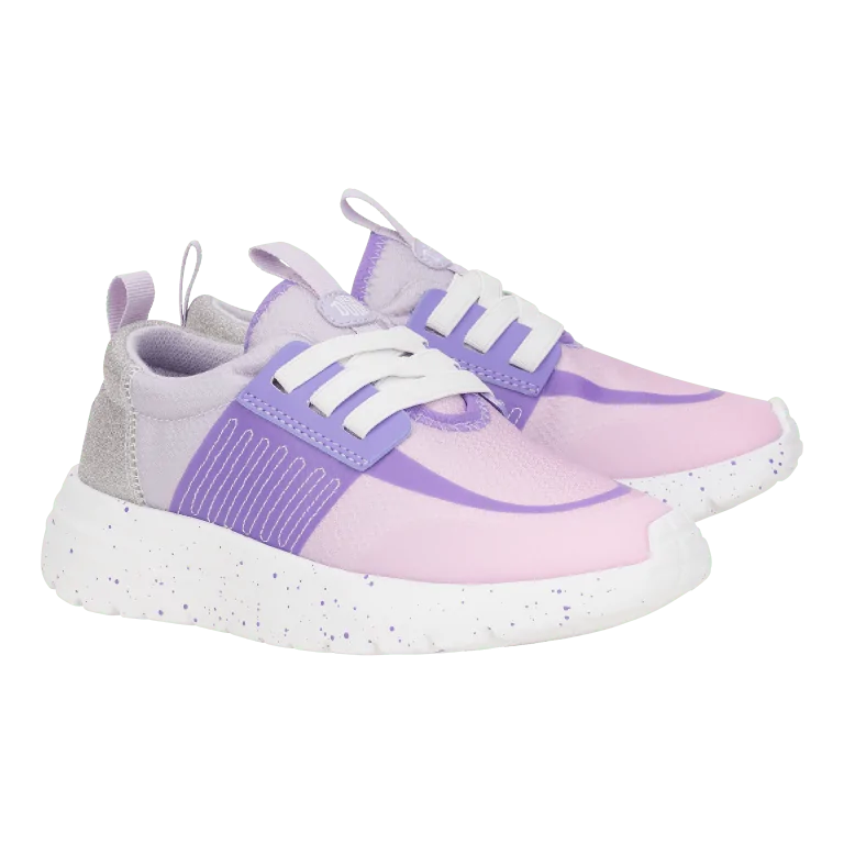 Purple and white HEYDUDE sneakers, providing lightweight support for active days along the coast.