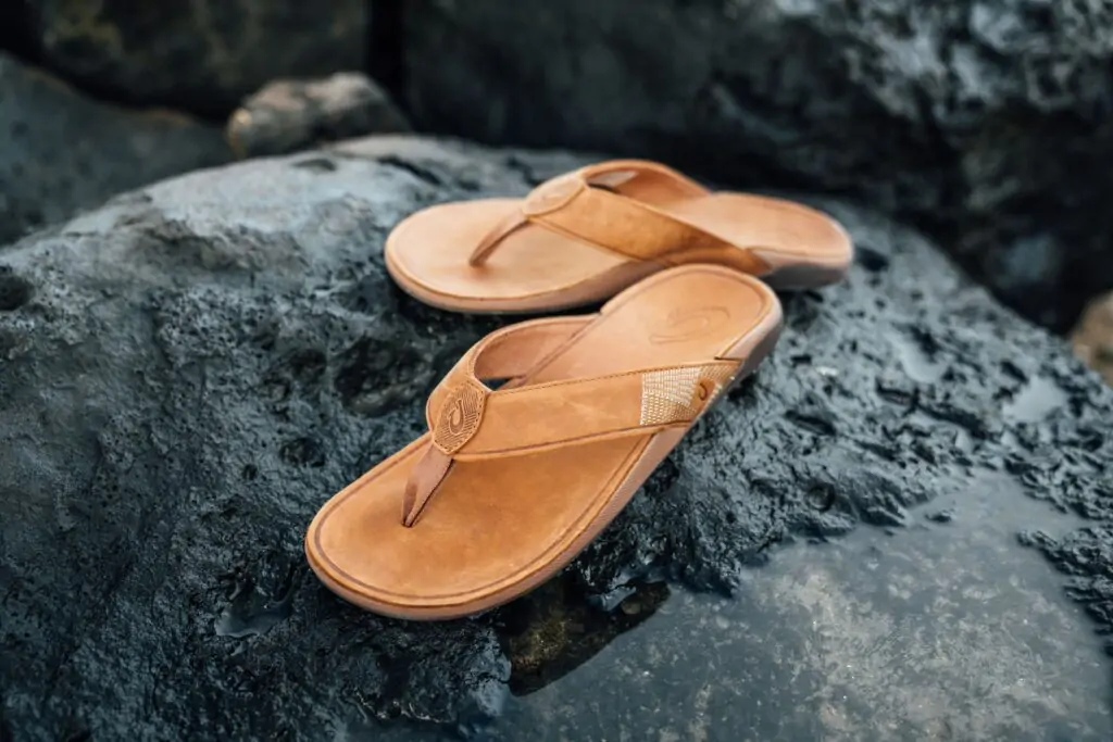 OluKai tan leather sandals, ideal for laid-back coastal style in Destin.