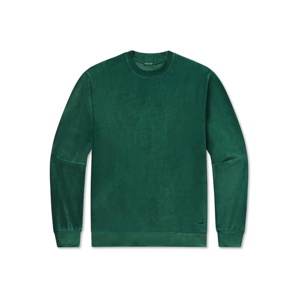 Southern Marsh green velvet sweatshirt, combining style and comfort for chilly evenings in Panama City Beach.