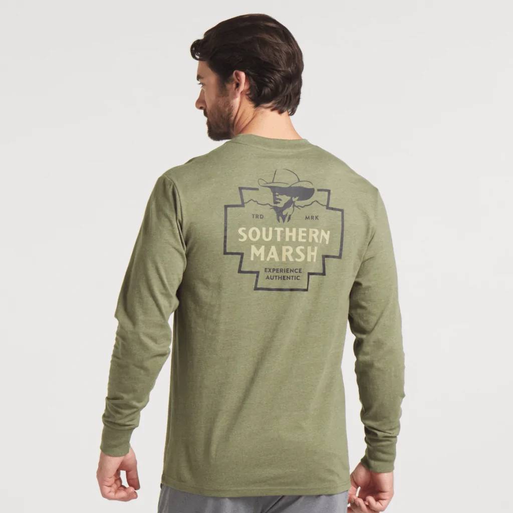 Southern Marsh olive green long-sleeve t-shirt with a classic outdoor-inspired logo, perfect for fishing trips near the Gulf Coast.