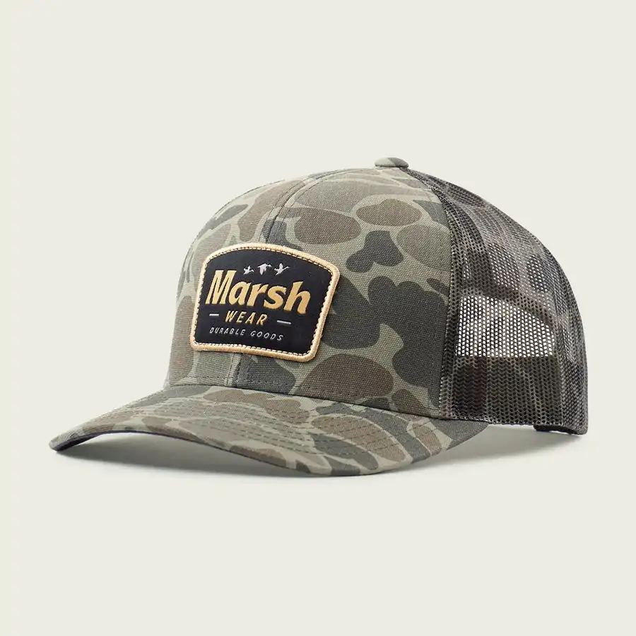 Camo Marsh Wear trucker hat, perfect for sun protection during fishing trips in Destin.