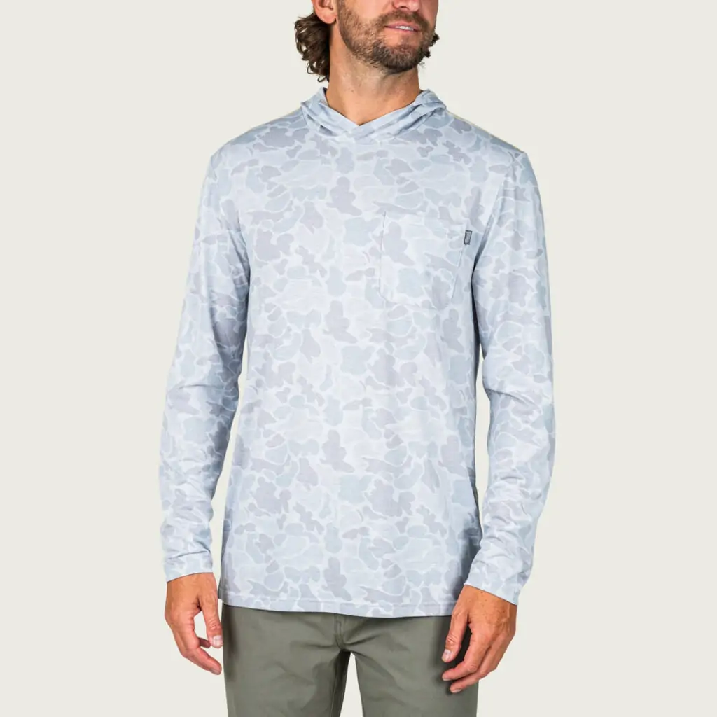 Men's light blue Marsh Wear button-up shirt, offering lightweight comfort for warm days in 30A.