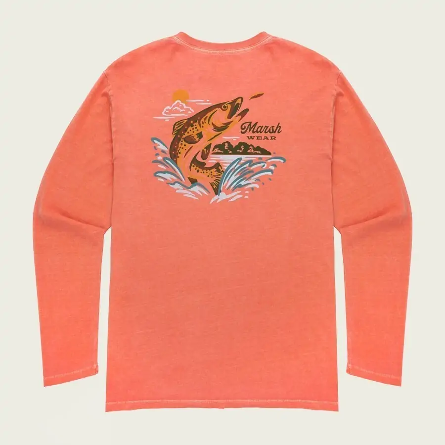 Orange long-sleeve Marsh Wear graphic shirt featuring a fishing design, perfect for outdoor activities in Panama City Beach.
