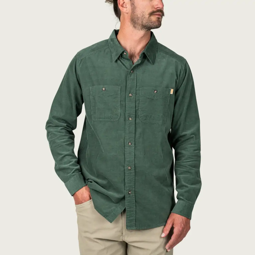 Men's green corduroy Marsh Wear shirt, designed for versatile wear in 30A.
