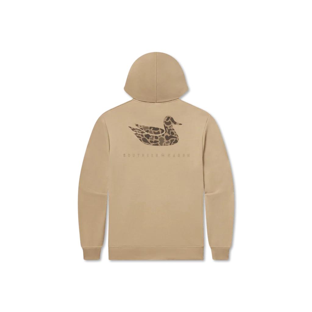 Southern Marsh tan hoodie featuring a bold camouflage duck logo, a stylish choice for outdoor gatherings in Miramar Beach.