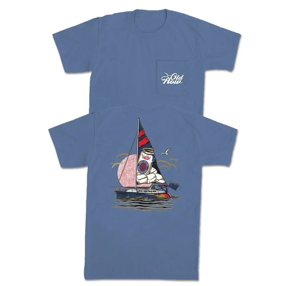 Blue Old Row t-shirt with sailboat graphic, ideal for laid-back coastal vibes in 30A.