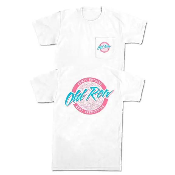 White Old Row t-shirt with retro logo, ideal for casual summer wear in Destin.
