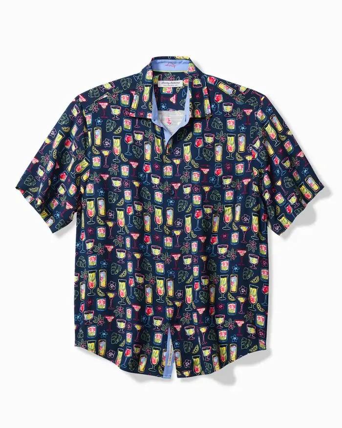 Navy Tommy Bahama short-sleeve button-up shirt with a cocktail glass print, perfect for Panama City Beach nightlife and Destin coastal gatherings.