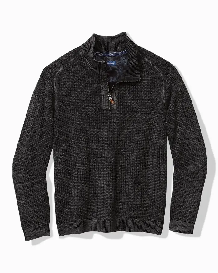 Black Tommy Bahama quarter-zip pullover, ideal for layering on cool evenings in Destin.