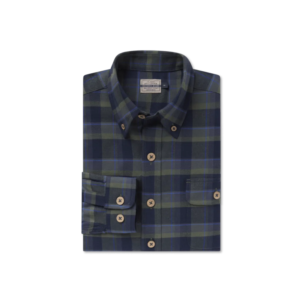 Men's long-sleeve button-down shirt in navy and green plaid, neatly folded with buttons and pocket details visible.