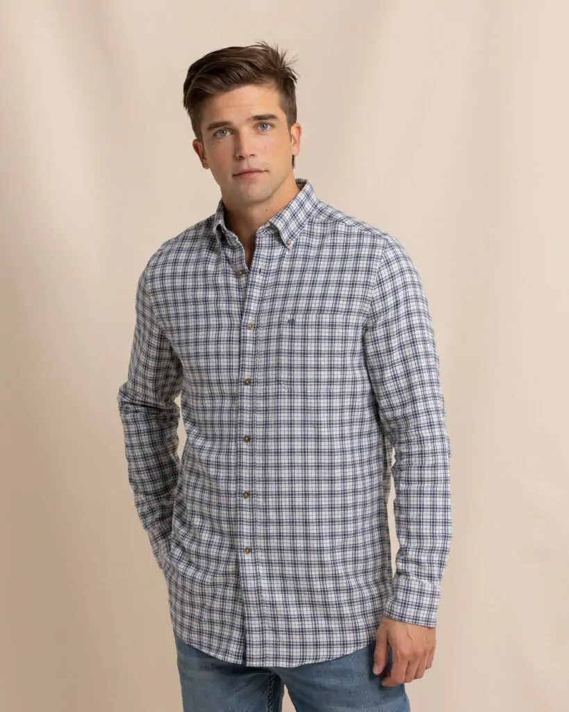 Men's plaid Southern Tide button-down shirt, perfect for casual outings along the coast in 30A.
