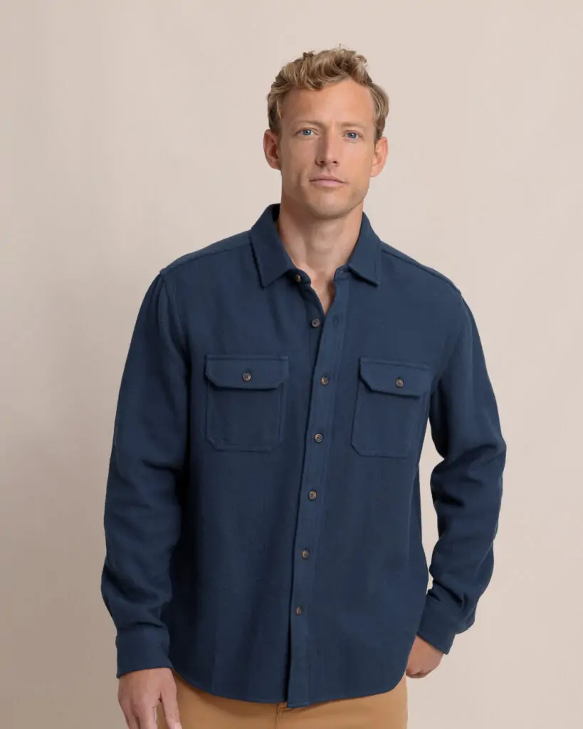 Men's navy Southern Tide utility shirt, ideal for versatile wear in Panama City Beach.