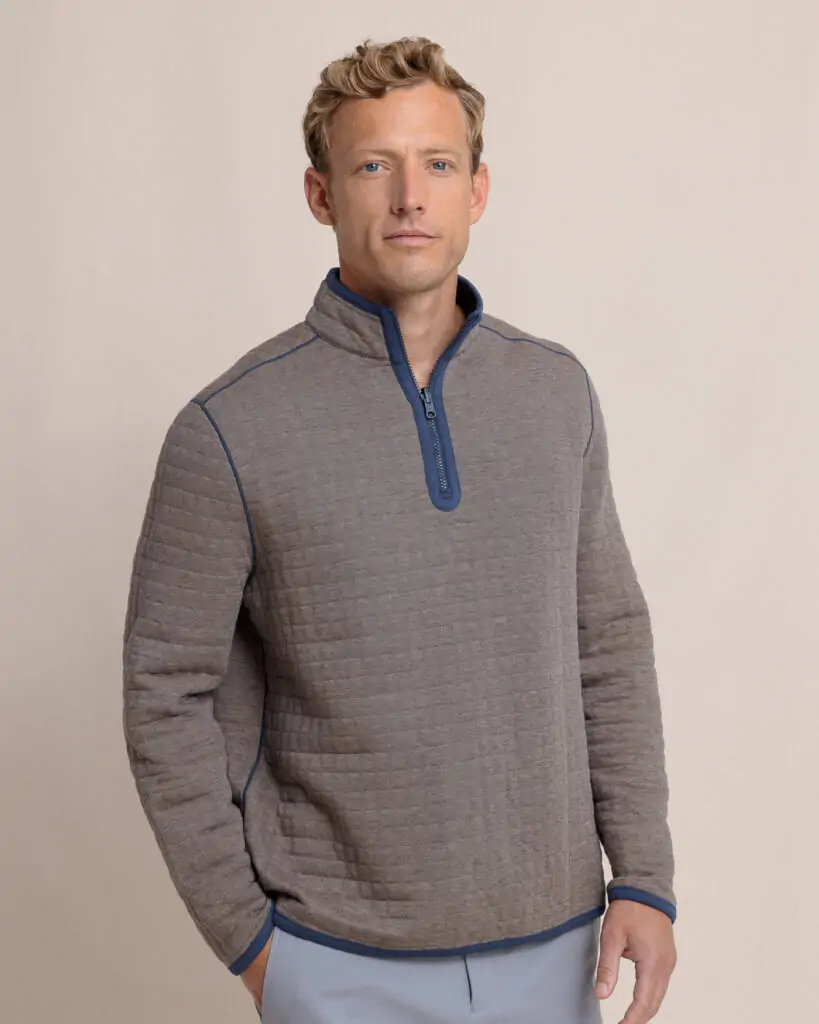 Men's gray Southern Tide quarter-zip pullover, designed for layering and comfort on cooler days in 30A.