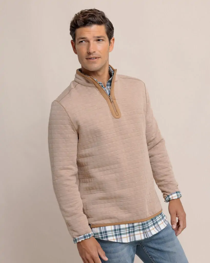 Men's beige Southern Tide pullover sweater, perfect for layering on cool evenings in Panama City Beach.