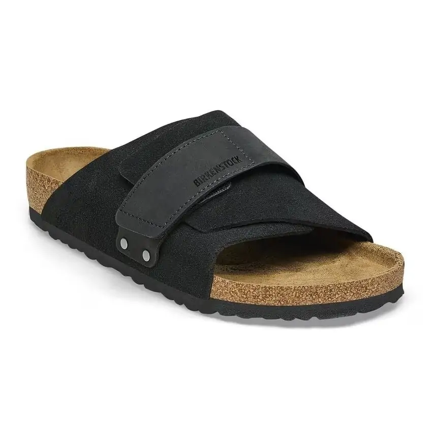 Classic black suede Birkenstock sandal with a secure velcro strap, perfect for all-day comfort while exploring Panama City Beach.