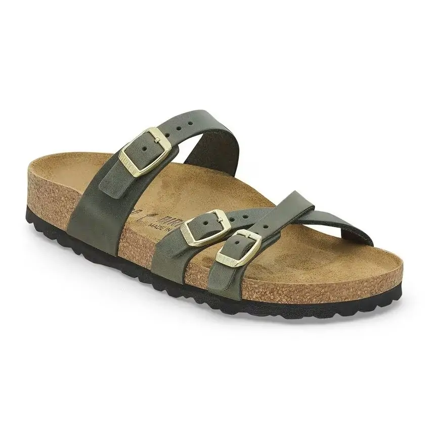 Chic olive-green Birkenstock sandal featuring triple adjustable straps, a versatile choice for Destin and Grayton Beach outings.