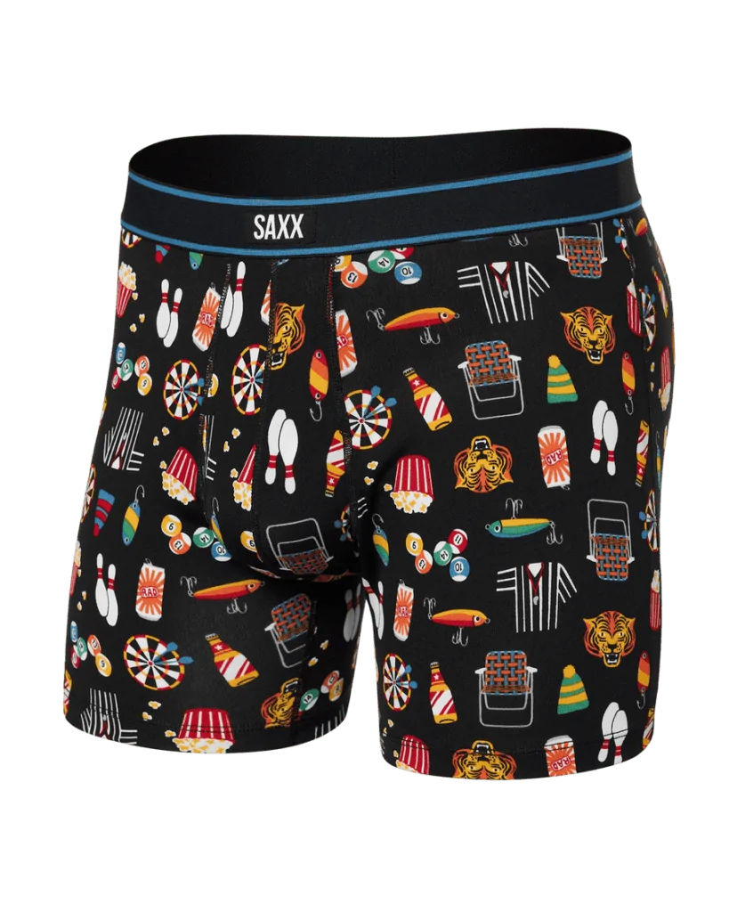 Colorful SAXX boxer briefs featuring a bowling, fishing, and beer theme, perfect for a fun and active lifestyle in Panama City Beach, Destin, or along 30A.