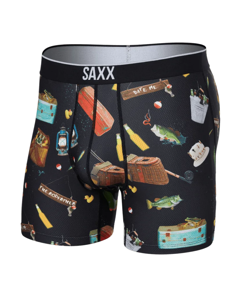 SAXX boxer briefs with a fishing and tackle box design, ideal for coastal adventures and angling enthusiasts around the Florida Panhandle, including Grayton Beach and Fort Walton Beach.
