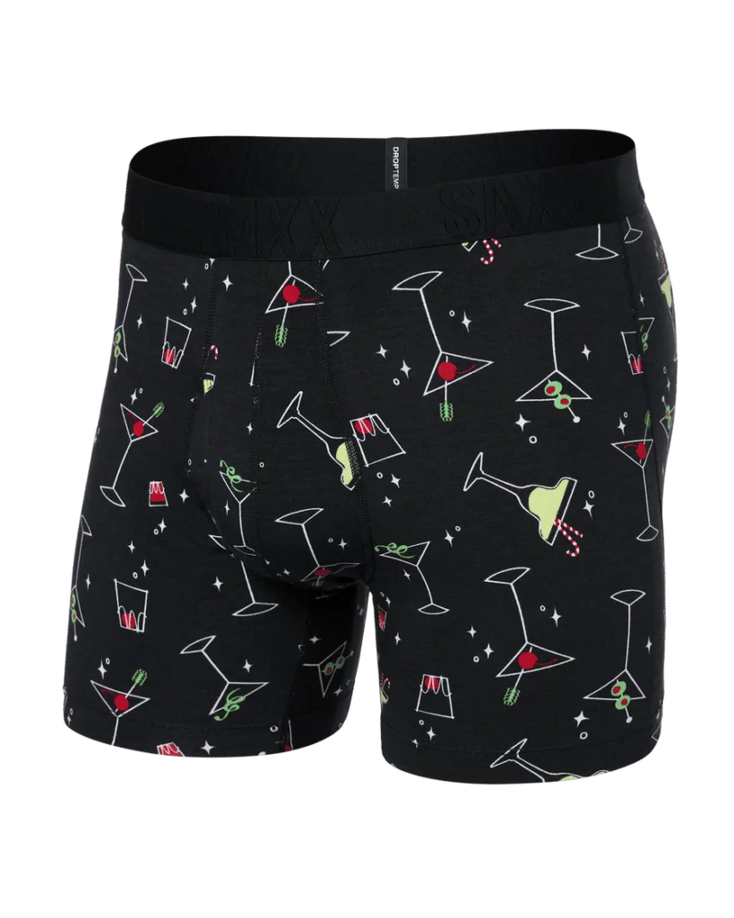 Black SAXX boxer briefs with a festive martini glass pattern, combining comfort and playful style for beachside gatherings or nightlife in Panama City Beach.