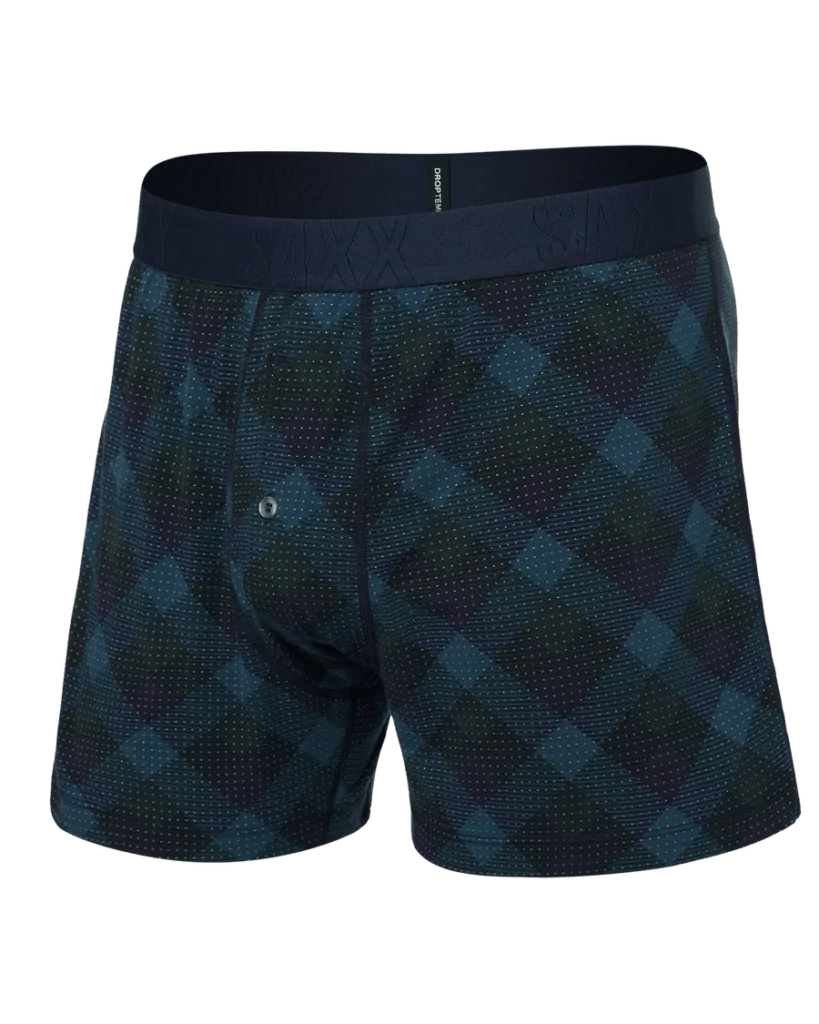 Classic SAXX boxer briefs in a dark blue plaid pattern, offering timeless style and comfort for everyday wear along the Emerald Coast.