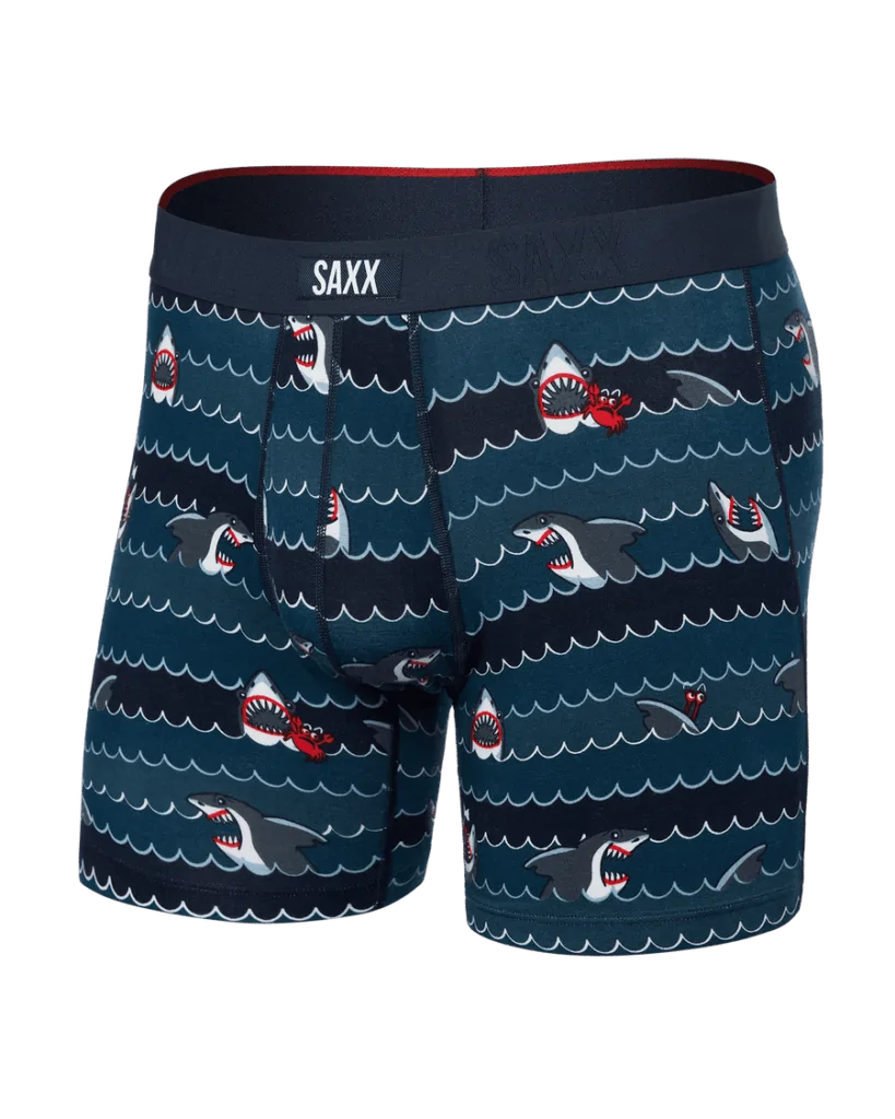 Playful SAXX boxer briefs with a shark and crab design, perfect for embracing the coastal vibe of Panama City Beach and surrounding areas.