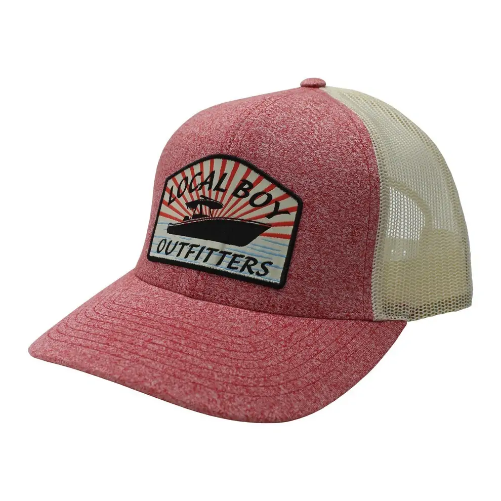 Red heathered mesh-back hat with a boat patch and Local Boy Outfitters logo, perfect for boating adventures around Panama City Beach and Destin.