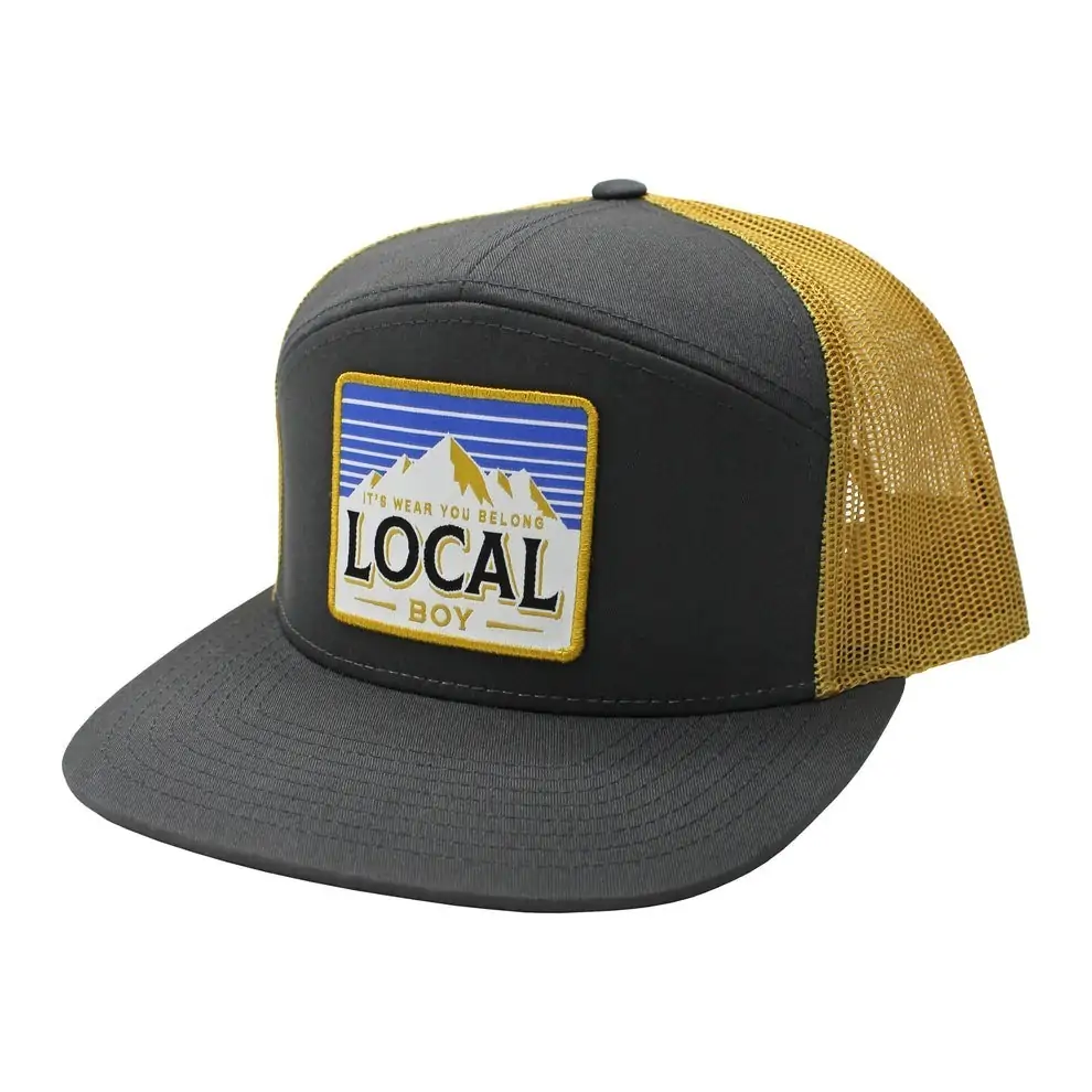 Black and gold mesh-back hat with mountain graphics and the Local Boy Outfitters slogan, ideal for casual wear in 30A and surrounding areas.