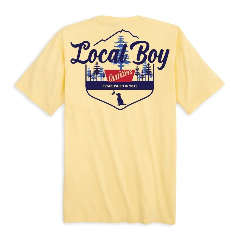 Yellow short-sleeve shirt with the Local Boy Outfitters mountain design and "Established in 2013," blending comfort and style for the Florida Panhandle lifestyle.