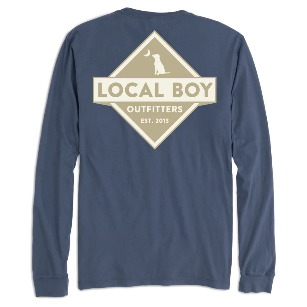Navy long-sleeve shirt with the Local Boy Outfitters logo in a diamond shape, showcasing a minimalist design with a dog silhouette and crescent moon, ideal for casual wear in Destin and 30A.