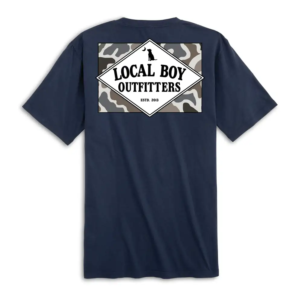 Navy short-sleeve shirt with the Local Boy Outfitters camo diamond logo, designed for adventure and comfort along the Emerald Coast.