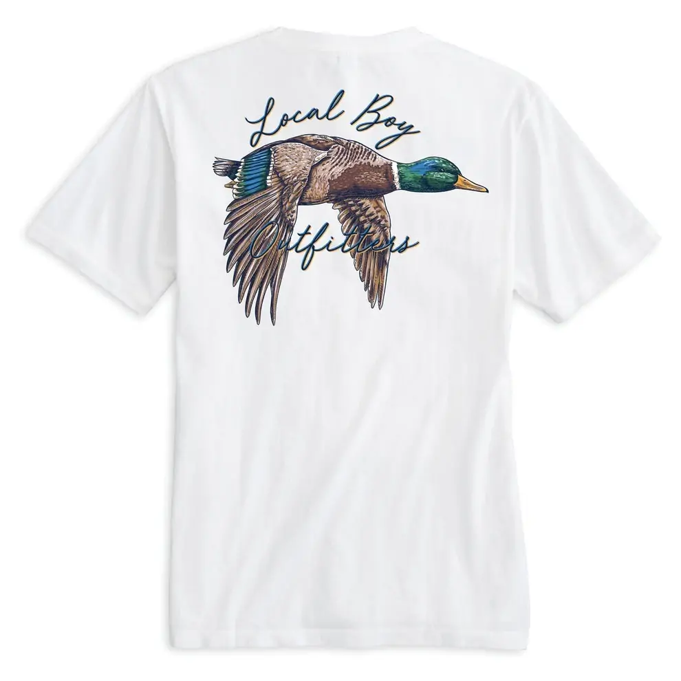 White short-sleeve shirt featuring a hand-drawn duck in flight with the Local Boy Outfitters logo, perfect for nature lovers in Miramar and Fort Walton Beach.